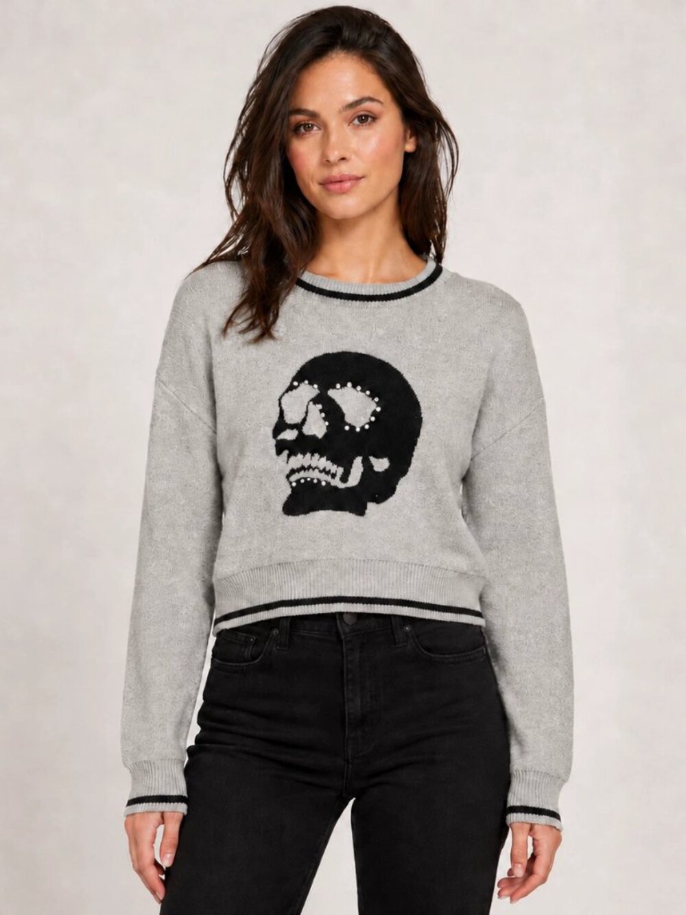 Nikka K Skull Sweater Women’s M Gray Embellished Studded Goth Grunge Y2K